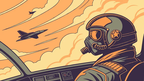 Pilot pilot pilot pilot kokpitte, jetler dramatik gökyüzünde uçuyor. Hız havacılık sanatı ve çarpıcı renklere ve askeri atmosfere sahip cesur grafik stili sergiliyor.