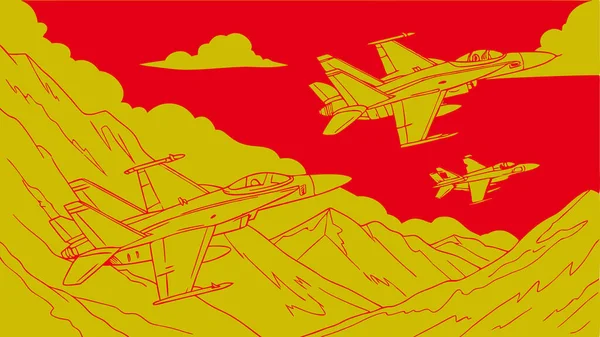 Savaşçı jetlerinin kırmızı gökyüzü ve bulutların üzerinde uçan sarı dağların oluşumunun çarpıcı grafiksel çizimi. Dinamik havacılık, güç hassasiyeti ve hareketini gösteriyor.