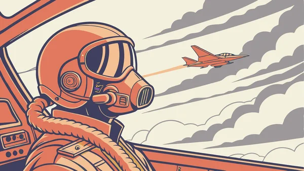 Havacılık detayı retro gökyüzü ve jet uçakları çizimlerinin yer aldığı dinamik savaş pilotu pilot pilot çizimi askeri havacılık sineması ve macera temaları için mükemmeldir.