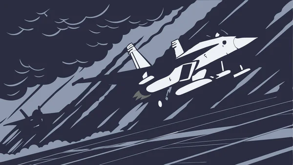 Fırtınalı gökyüzünde uçak gemisinden fırlatılan savaş uçakları çarpıcı bulutlar yağmur ve yoğun hareket çizgileriyle hız ve askeri havacılık gücü gösteriyor.