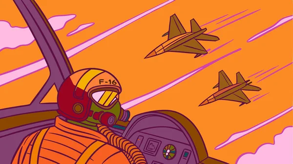 F16 savaş uçağı kokpit çizimi pilot başlıklı oksijen maskesi ve askeri uçaklar canlı gökyüzü bulutlarına karşı uçuyor ve dinamik havacılık sanatına aykırı.