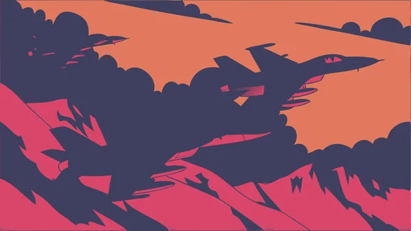 Çarpıcı gökyüzü renkleriyle dolu cesur dağların üzerinde uçan savaş uçaklarının modern soyut çizimi dinamik hareket ve dramatik havacılık tasarımı yaratıyor.
