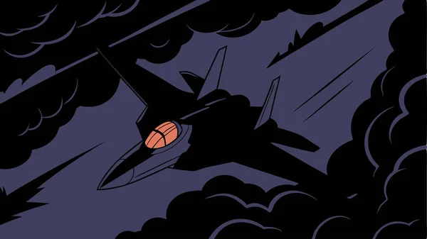 Dinamik savaş uçağı çizimleri, parlak kokpit ve güçlü hareket çizgileriyle karanlık fırtına bulutlarında hızla ilerleyen parlak bir uçağın havacılık ve askeri temalı görüntüler için mükemmel olduğunu gösteriyor.