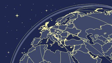 Avrupa ve Orta Doğu 'nun parlayan sınırlarını gösteren stilize bir dünya haritası. Gece gökyüzü yıldızları küresel bağlantı seyahatini ve iletişimi temsil ediyor. Modern dijital görselleştirme.