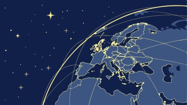 Uzaydan stilize edilmiş dünya görüşü, bölgeler arasında küresel bağlantı uydu iletişimini ve dijital ağ teknolojisini sembolize eden kavisli ve yıldızlı kıtaları gösteriyor.