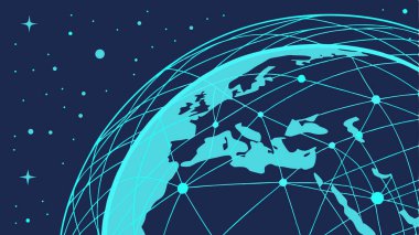 Fütürist bir dünya dijital iletişim ağı ile küresel bağlantıyı keşfedin. Veri değişimi teknolojisi yeniliği ve dünya çapında altyapı modern bir dizaynda sergileniyor.