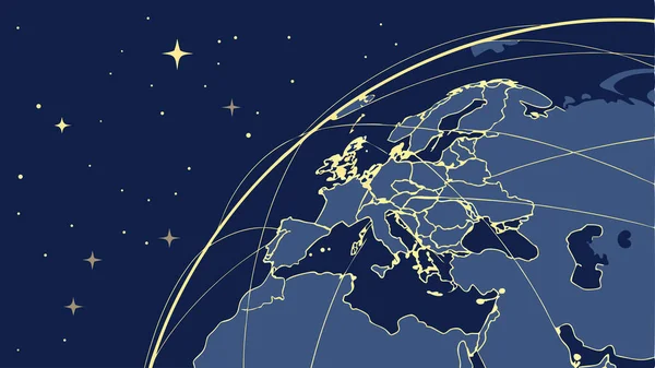 Uzaydan stilize edilmiş dünya görüşü, bölgeler arasında küresel bağlantı uydu iletişimini ve dijital ağ teknolojisini sembolize eden kavisli ve yıldızlı kıtaları gösteriyor.