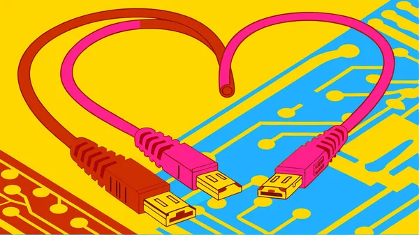 USB kablolarının renkli dijital sanat çizimi modern tasarımda teknoloji bağlantısını ve aşkı temsil eden canlı devre kalıplarıyla bir kalp sembolü oluşturuyor.
