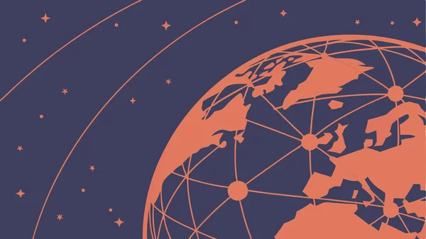 Kıtalar arası ağ hatları ile küresel bağlantıyı gösteren modern küresel küresel resimleme iletişim teknolojisi veri alışverişini ve dünya entegrasyonunu sembolize etmektedir.