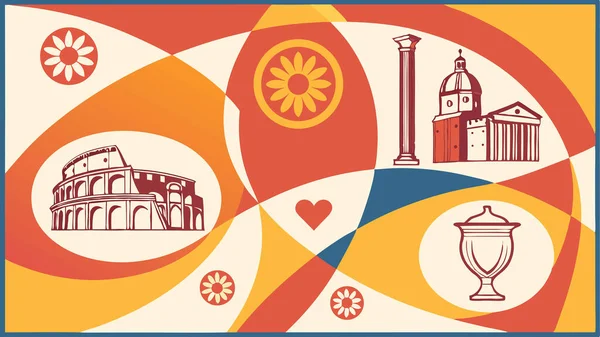 Kolezyum panteon sütunu ve soyut renkli tasarım ve klasik motifler içeren antik Roma mimarisinin canlı bir çizimi tarih sanatı ve seyahat teması için mükemmeldir.