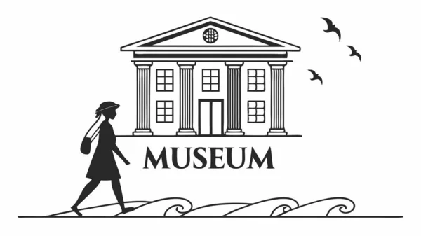 Klasik mimari sütunları, pedikür kuşları dalgaları ve kültürel ve sanatsal temalar için ideal yürüyen silueti içeren stilize edilmiş siyah beyaz müze illüstrasyonu