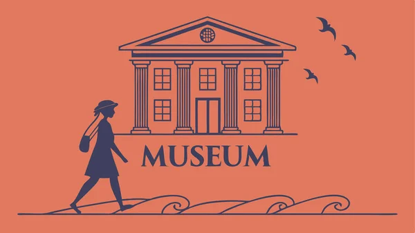 Gökyüzünde klasik mimari figürlü kuşların yer aldığı stilize müze illüstrasyonu ve mercan ve deniz kontrastı ile dalga yolu tasarımı kültürel seyahat ve eğitim temaları için ideal