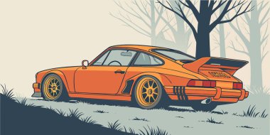 Geniş lastikleri ve arka spoyler ile stilize turuncu bir spor araba sissiz bir ormana park edilmiş yapraksız ağaçlar ve sessiz tonlarla canlı otomotiv tasarımı ve doğal arka plan arasında sinematik bir tezat oluşturuyor.