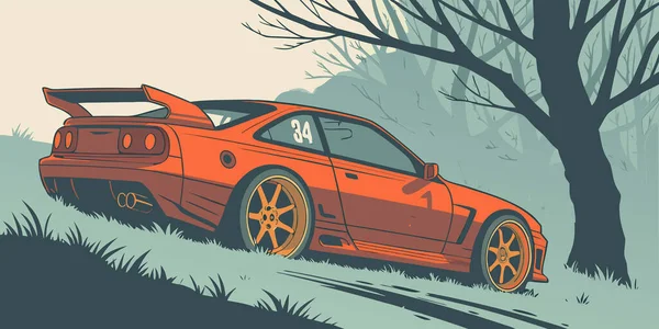 Dinamik turuncu spor araba çimenli orman yamacında sürüklenirken altın jantlar spoiler ve arka plandaki sisli ağaçlar hız stili ve performans sergiliyor.