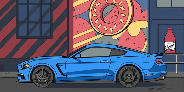 Canlı mavi bir spor araba renkli bir şehir duvarının önüne park edilmiş. İçinde bir çörek ve soyut sokak sanatı unsurları var. Otomotiv kültürü ve şehir tasarımı arasında dinamik bir karışım oluşturuyor.