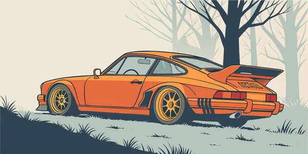 Geniş lastikleri ve arka spoyler ile stilize turuncu bir spor araba sissiz bir ormana park edilmiş yapraksız ağaçlar ve sessiz tonlarla canlı otomotiv tasarımı ve doğal arka plan arasında sinematik bir tezat oluşturuyor.