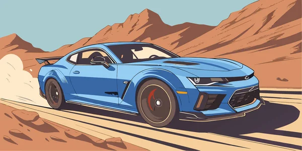 Yüksek performanslı mavi bir spor araba tozlu bir çölde yarışır dinamik hareket ve aerodinamik tasarım ile heyecan ve hız katar açık bir gökyüzü altında ve engebeli dağlarda macera ve otomotiv gücünün özünü yakalar.