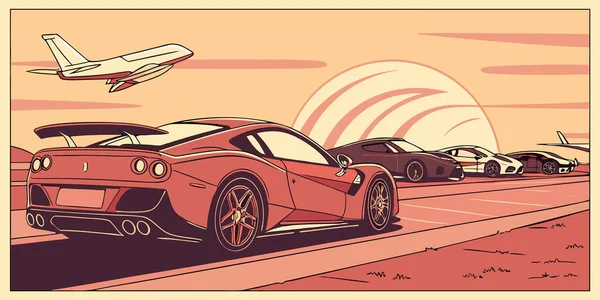 Günbatımı pistinde park halindeki lüks spor arabaların sinematik dizilimi arka planda bir jet uçağının kalkışı hız zarafeti ve yüksek otomotiv yaşam tarzı görselleri sergiliyor.