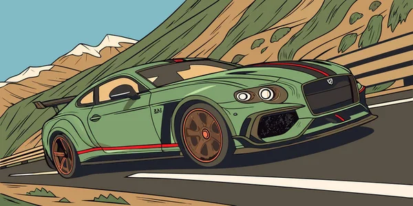 Yarış çizgileri olan dinamik yeşil bir spor araba ve manzaralı bir dağ yolu boyunca 326 numara hız. Mavi gökyüzü ve şık bir karikatür çiziminde canlı bir manzara.