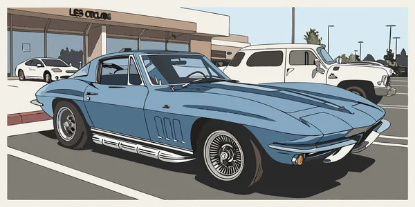 Klasik mavi Chevrolet Corvette Stingray 'in ayrıntılı bir çizimi. Krom tekerleklerin yan egzozu ve arka planda otomotiv meraklıları ve eski araba severler için mükemmel bir vitrini olan güneşli bir otoparka park edilmiş.
