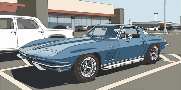 Klasik mavi bir Chevrolet Corvette Stingray. Ticari bir binanın önünde park edilmiş. Eski model krom tekerlekler ve nostaljik bir otomotiv sahnesinde yan egzoz boruları sergileniyor.