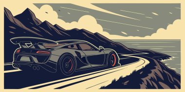 Dönek sahil yolu boyunca yüksek performanslı spor araba gücü dramatik uçurumlar okyanus manzaraları ve dinamik gökyüzü otomotiv ve seyahat meraklıları için heyecan ve manzaralı macerayı yakalıyor.