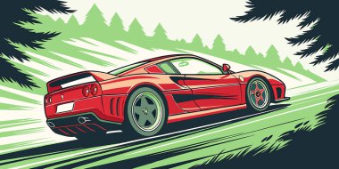 Kırmızı bir spor araba, dinamik hareket çizgileri ve parlak tasarım unsurlarıyla bir orman yolunda hızla ilerliyor. Doğada yüksek performanslı sürüş yapmanın heyecanını yakalıyor.