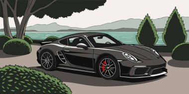 Parlak siyah spor araba, ağaçlar ve dağlarla çevrili sahile yakın park edilmiş lüks bir performans ve sinema zerafeti sergiliyor.