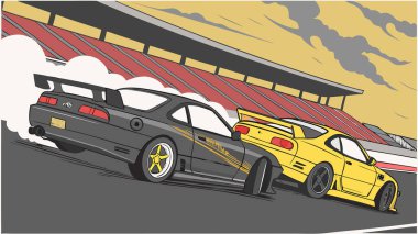 İki yüksek performanslı drift araba dumanlı bir pistte yan yana yarışır. Hız ve hassasiyet gösterisi dramatik bir motor sporu müsabakasında canlı renkler ve yoğun aksiyon ile.