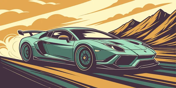 Yüksek performanslı deniz mavisi Lamborghini vektör sanatı dağ yolunda lastik dumanı ve dramatik gökyüzü ile yarışıyor
