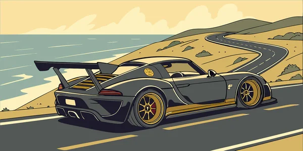 Yüksek performanslı bir spor araba, okyanus manzaralı ve altın tekerlekleri olan manzaralı bir sahil yolunda otomotiv markalaştırma görsel ve dinamik konsept sanatı için mükemmel bir gökyüzü altında hızla ilerliyor.