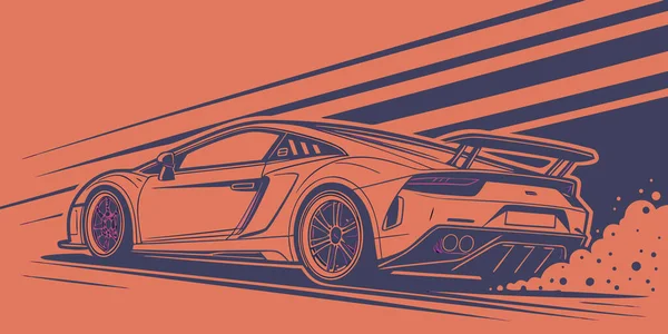 Aerodinamik tasarımı olan yüksek performanslı bir spor arabanın dinamik arka planı koyu renkler ve stilize hız efektleri otomotiv markalaştırma sanatı ve görsel hikaye anlatımı için mükemmeldir.