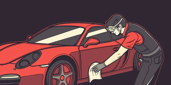 Profesyonel bir araba temizleyicisi lüks otomotiv bakımı ve lüks stil içeren kırmızı bir spor arabayı parlatıcı ve görsel markalaşmaya dikkat ederek temizliyor.