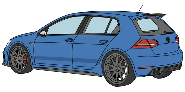 Yüksek kalitede bir mavi Volkswagen golf hatchback çizimi. Alaşımlı arka görüş, kırmızı fren ayarları spoiler ve otomotiv markalaştırma ve pazarlama görselleri için çift egzoz ideal.