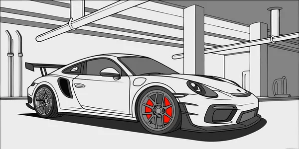Endüstriyel detaylar ve yüksek performanslı tasarım unsurları otomotiv markalaşması ve görsel sanat sunumları için ideal olan modern kapalı otoparkta park edilmiş beyaz bir Porsche 911 gt2 'nin stilize bir çizimi.