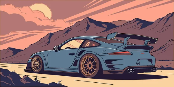 Tarzlı bir spor araba gün batımında bir çöl yolunda aerodinamik tasarım engebeli dağlar ve dramatik gökyüzü ile hızla ilerliyor.