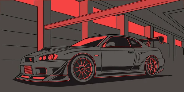 Kırmızı ışıklandırma ve agresif bir stile sahip gelecekteki bir garajda modifiye edilmiş Nissan Skyline r34 spor arabasının dijital çizimi