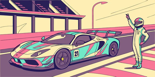 Stilize yarış arabası ve yarış pistinde canlı pembe krem dizaynlı sürücü 21 numaralı zafer, yüksek hızlı kutlama atmosferinde tribün ve sokak lambasının yer aldığı dinamik motor sporu sahnesi oluşturuyor.