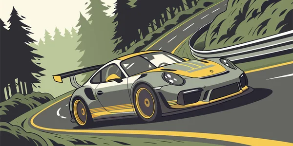Sarı aksanlı şık bir spor araba dolambaçlı bir orman yolunda sürükleniyor hız hareketi ve aerodinamik tasarım manzaralı bir yarış ortamında