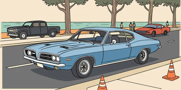 Klasik arabaların olduğu stilize edilmiş bir sahil caddesi sahnesi canlı renkler geçmişe dönük tasarım ve ağaçlı deniz manzaralı insanlar ve kentsel atmosfer.