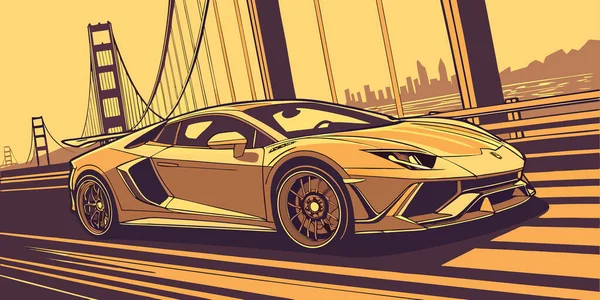 Bir Lamborghini Aventador 'un gün batımında sıcak tonlarda dramatik bir gölgeleme ve otomotiv tasarımı ve markalaşma temaları için mükemmel kentsel zemin düzenlemesi ile Golden Gate Köprüsü' nde hızla ilerlemesinin stilize edilmiş bir vektör çizimi.