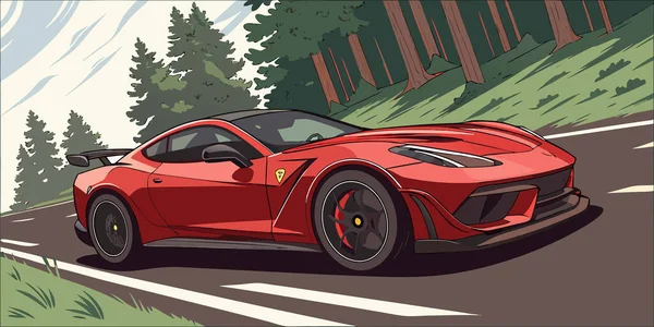 Kırmızı ferrari spor bir araba kıvrımlı tasarım kıvrımları ve manzaralı sanatsal hareketleri olan dolambaçlı bir orman yolunda hızla ilerliyor.