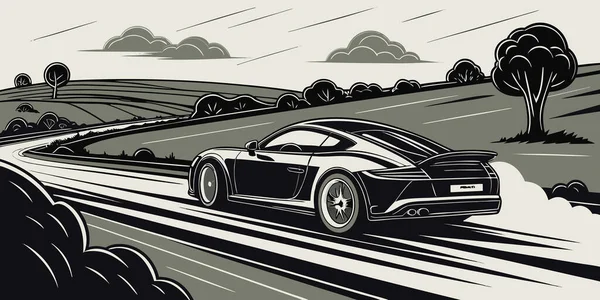 Dinamik hareket çizgileri olan kırsal bir yolda yarışan yüksek hızlı bir spor arabanın stilize edilmiş tek renkli bir çizimi. Toz çizgileri ve arka planda yuvarlanan tepeler performans ve özgürlüğün heyecanını yakalıyor.