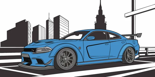 Modern bir şehir manzarasında park edilmiş mavi geniş gövdeli spor bir arabanın stilize edilmiş dijital sanat eseri. Aerodinamik yenilikler büyük tekerlekler ve otomotiv meraklıları ve şehir tasarım aşıkları için mükemmel bir arka kanat.