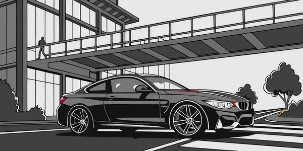 Modern cam binanın önüne park edilmiş sinematik siyah spor araba. Yükseltilmiş yürüyüş yolu ve kentsel peyzaj stilize edilmiş gri pullu bir resimde.