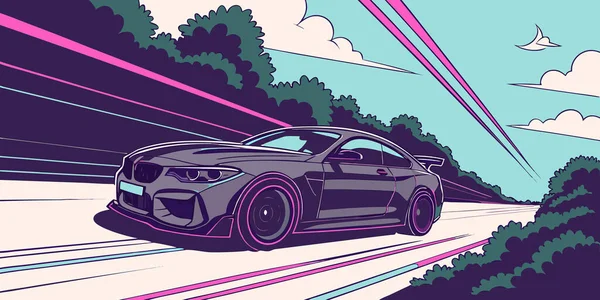 BMW spor arabası, canlı pembe ve mavi aksanlı bir orman yolunda dinamik çizgiler ağaçlar ve bulutlar ile otomotiv sevenler ve performans tasarımcıları için mükemmel.