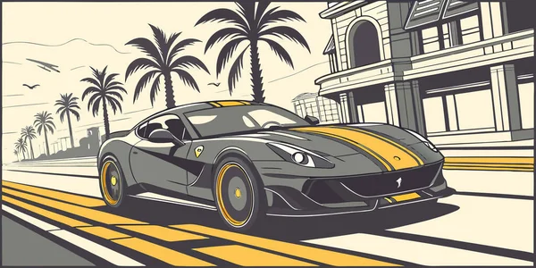 Pürüzsüz sarı çizgili lüks bir spor araba, klasik mimari ve uzak dağların yer aldığı palmiye ağaçlarıyla kaplı bir bulvardan geçiyor. Canlı bir şehir seyahat sahnesinde hareket hızı ve zarafeti yakalıyor.