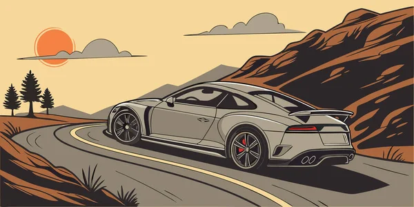 Şık bir spor araba gün batımında dolambaçlı dağ yolunda hız yapar aerodinamik tasarım kırmızı fren kalibreleri ve çift egzoz boruları manzaralı çam ağaçları zeminli kayalık arazi ve otomotiv ve seyahat için mükemmel turuncu gökyüzü