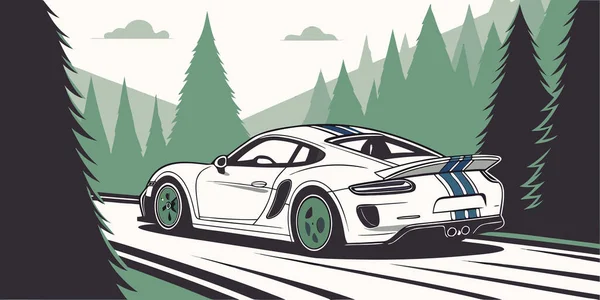 Mavi yarış çizgileri olan beyaz bir spor araba bulutlu bir gökyüzünün altındaki orman yolunda hız yapıyor. Aerodinamik tasarım yeşil tekerlekler ve arkadan spoiler gösteriyor. Hareket ve macera dolu stilize bir manzara çizimi.