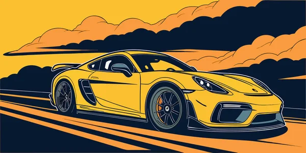 Dramatik turuncu ve mavi bulutların altında hız yapan sarı bir spor arabanın cesur bir temsili. Gösterişli aerodinamik tasarım, hareket çizgileri ve otomotiv markaları, posterler ve görsel içerik için yüksek performanslı tasarım.